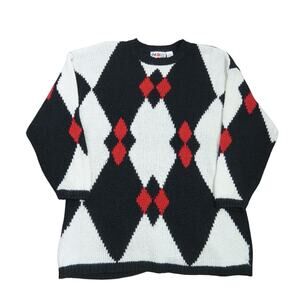 Vintage 90s black cream and red diamond print knit sweater 22W